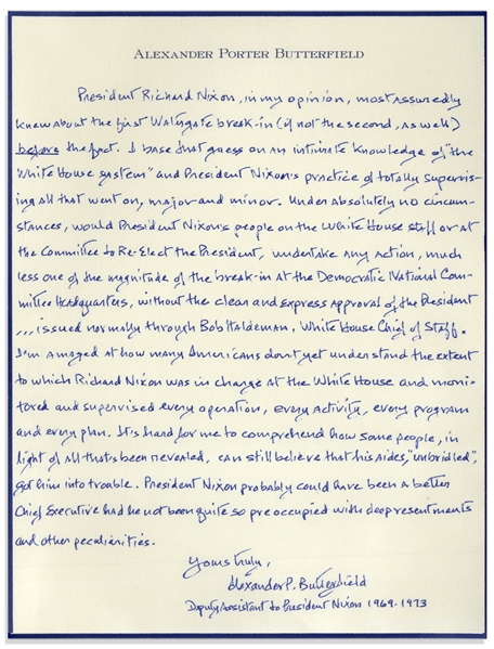 Alexander Butterfield Autograph Manuscript Signed Regarding Watergate and President Nixons Involvement -- ...Nixon, in my opinion, most assuredly knew about the first Watergate break-in...